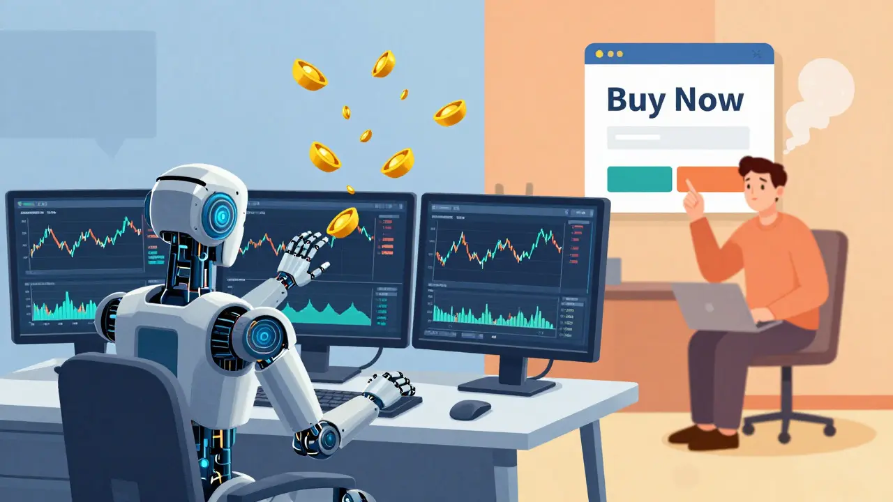 Robot trader earning rebates vs casual investor paying fees in cartoon style