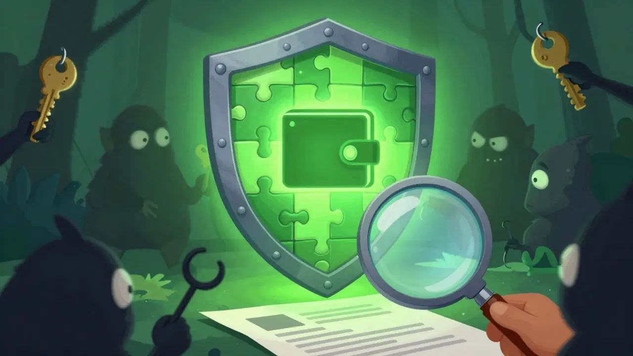 Shield protecting a digital wallet from scammer goblins