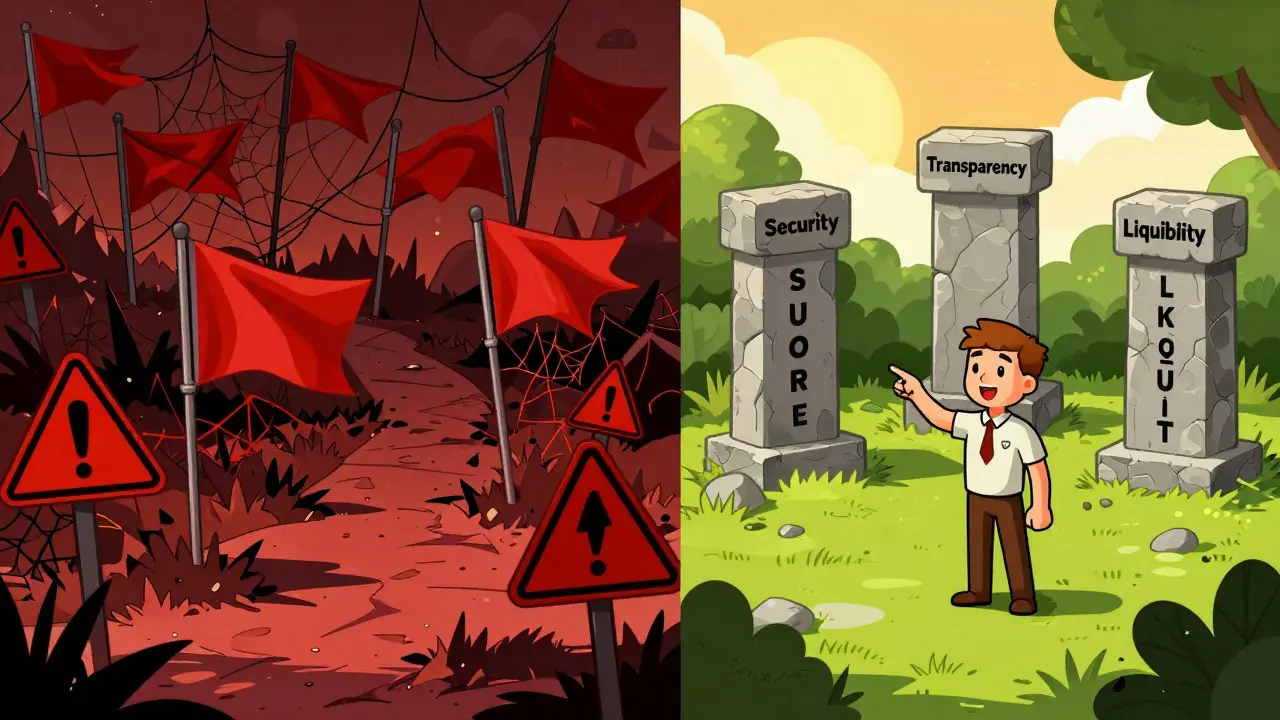 Split scene contrasting scam red flags with safe exchange pillars