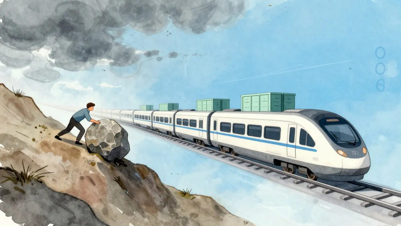 Split view of a struggling individual versus a fast financial train in a storybook style