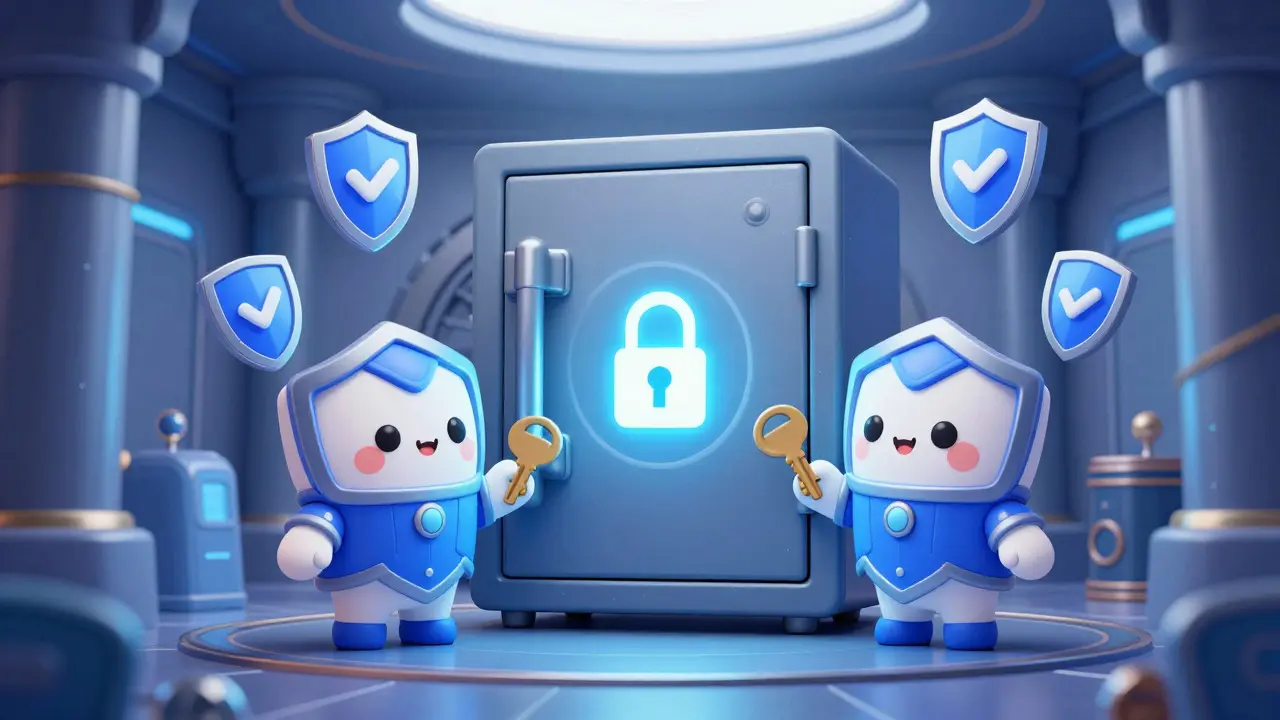 Storybook art of a secure digital vault with protective shields