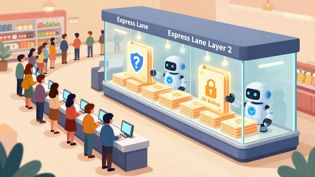 Supermarket checkout illustrating Layer 2 express lanes vs main queue