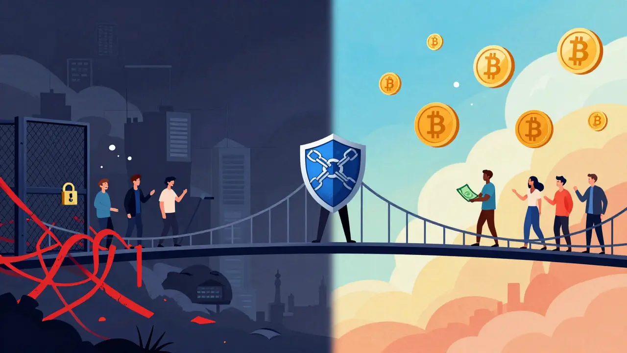 Symbolic bridge crossing from bureaucratic locks to crypto freedom