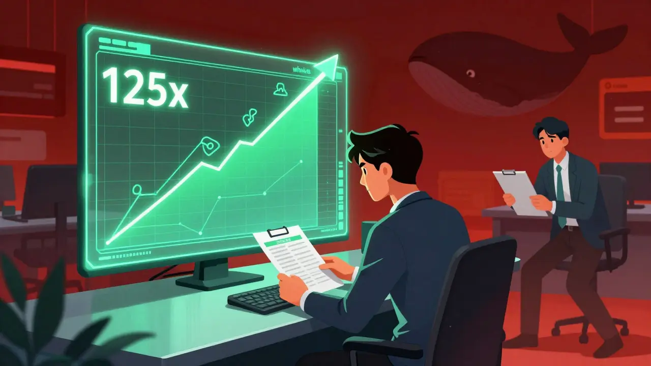 Trader at a desk with a high-leverage hologram and a looming whale figure in the background