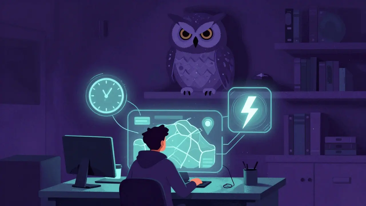 Trader monitored by a giant owl through floating risk icons in a purple-hued illustration