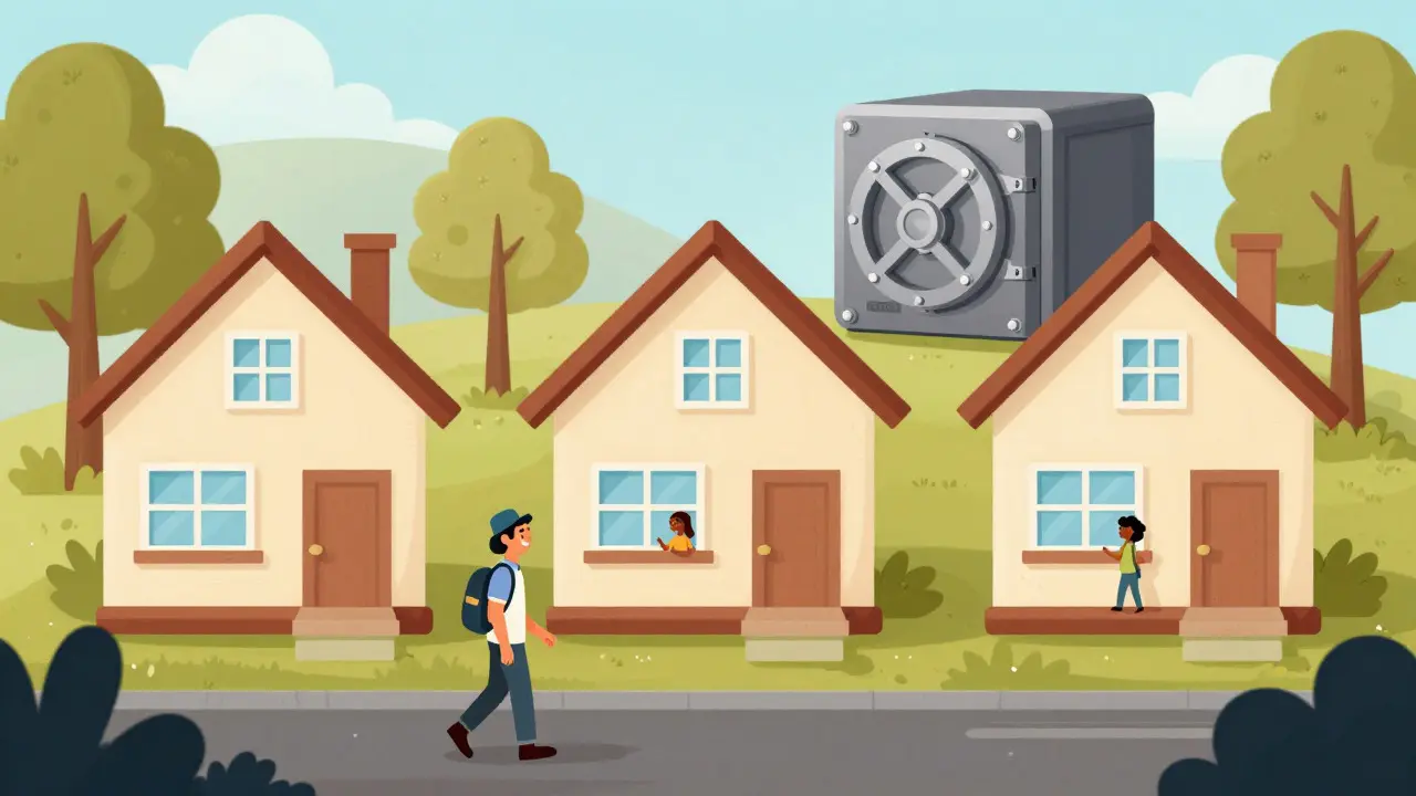 Traveler approaching safe, well-lit exchange houses and a vault