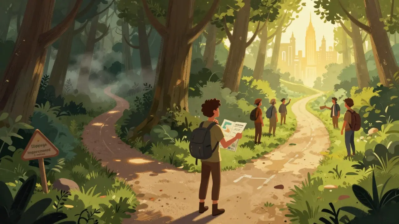 Traveler choosing between a foggy risky path and a safe sunny road
