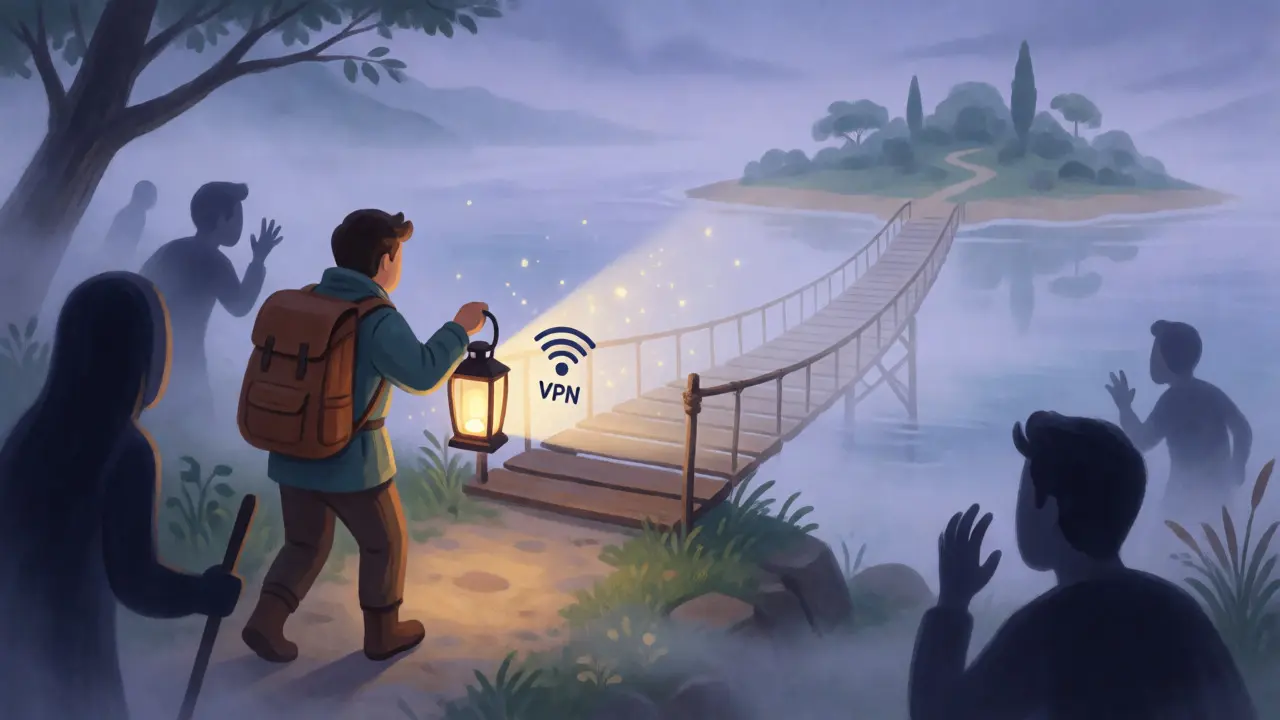 Traveler using VPN lantern to cross fragile bridge to blocked exchange
