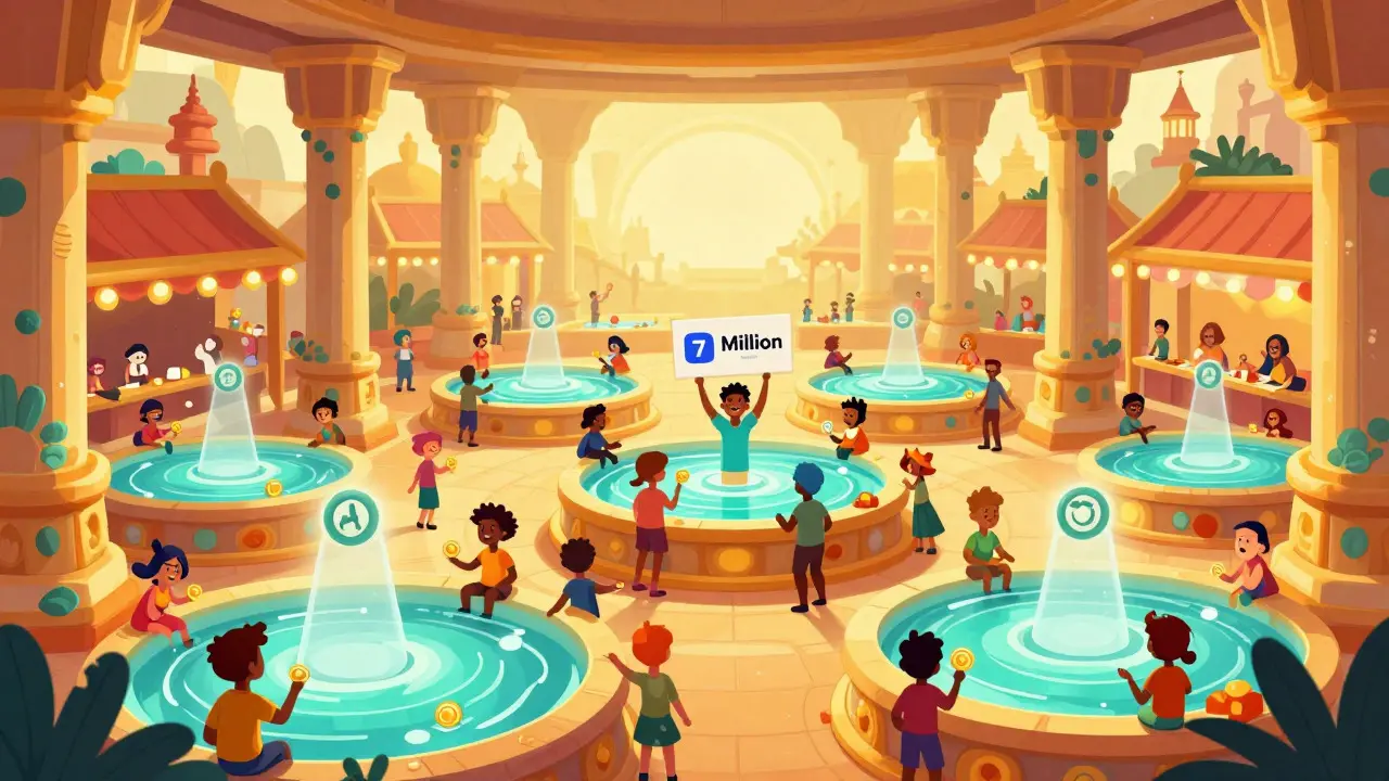 Vibrant, crowded fantasy marketplace with deep liquid pools