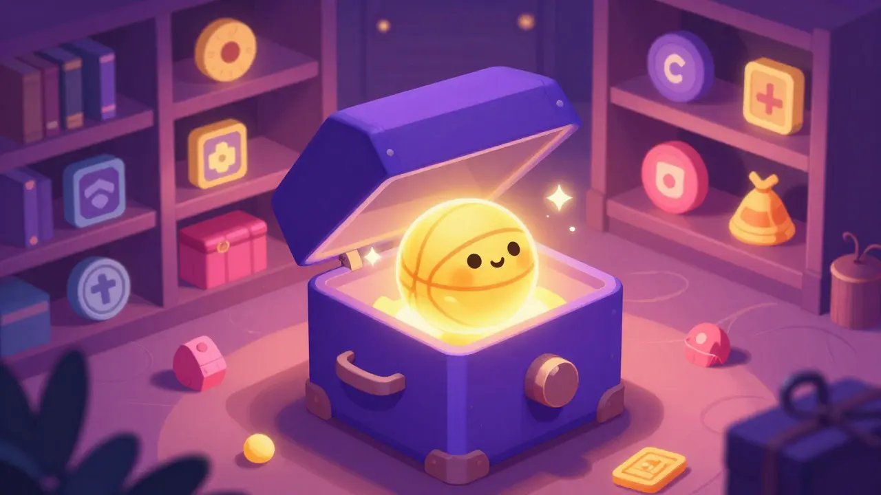 Whimsical drawing of a magic box opening to reveal a glowing basketball