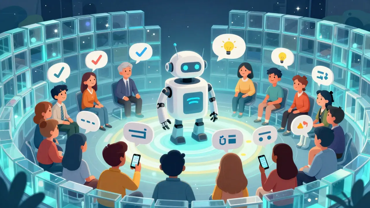Whimsical scene of a community voting on decisions with a central robot figure