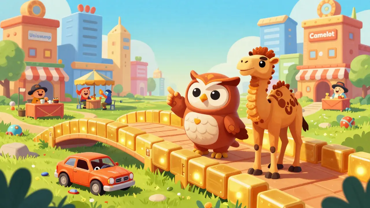 Wise animals on safe bridge pointing to busy city