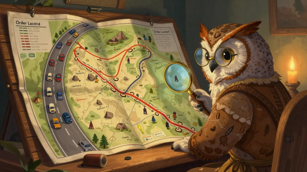 Wise owl trader comparing a smooth highway map versus a rocky trail, illustrating liquidity strategies.