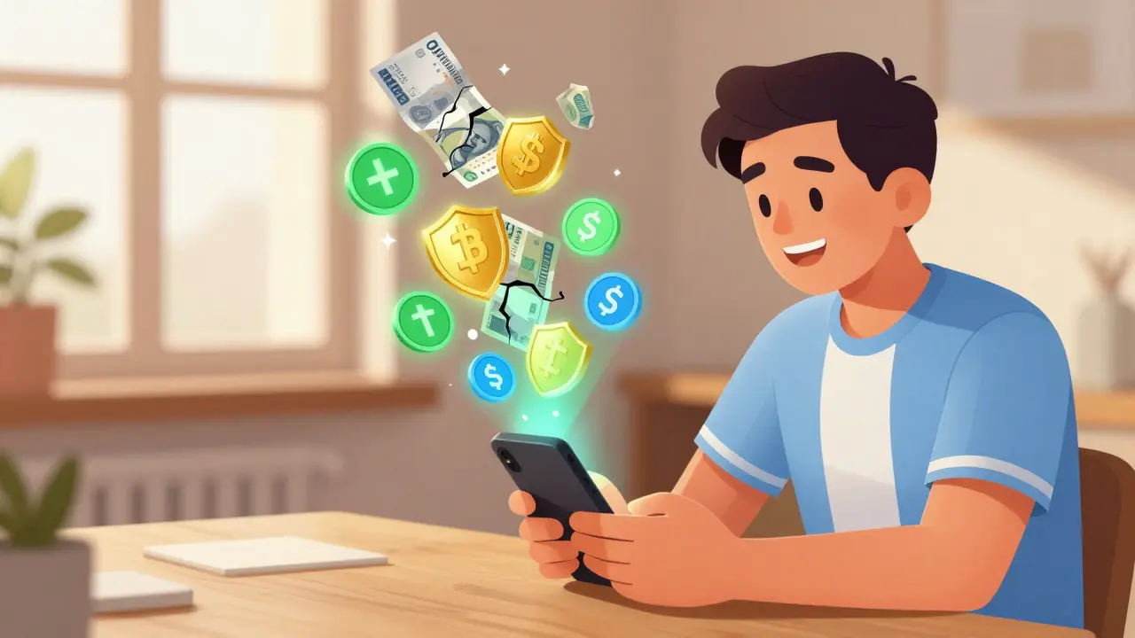 Worker converting pesos to digital stablecoins on smartphone