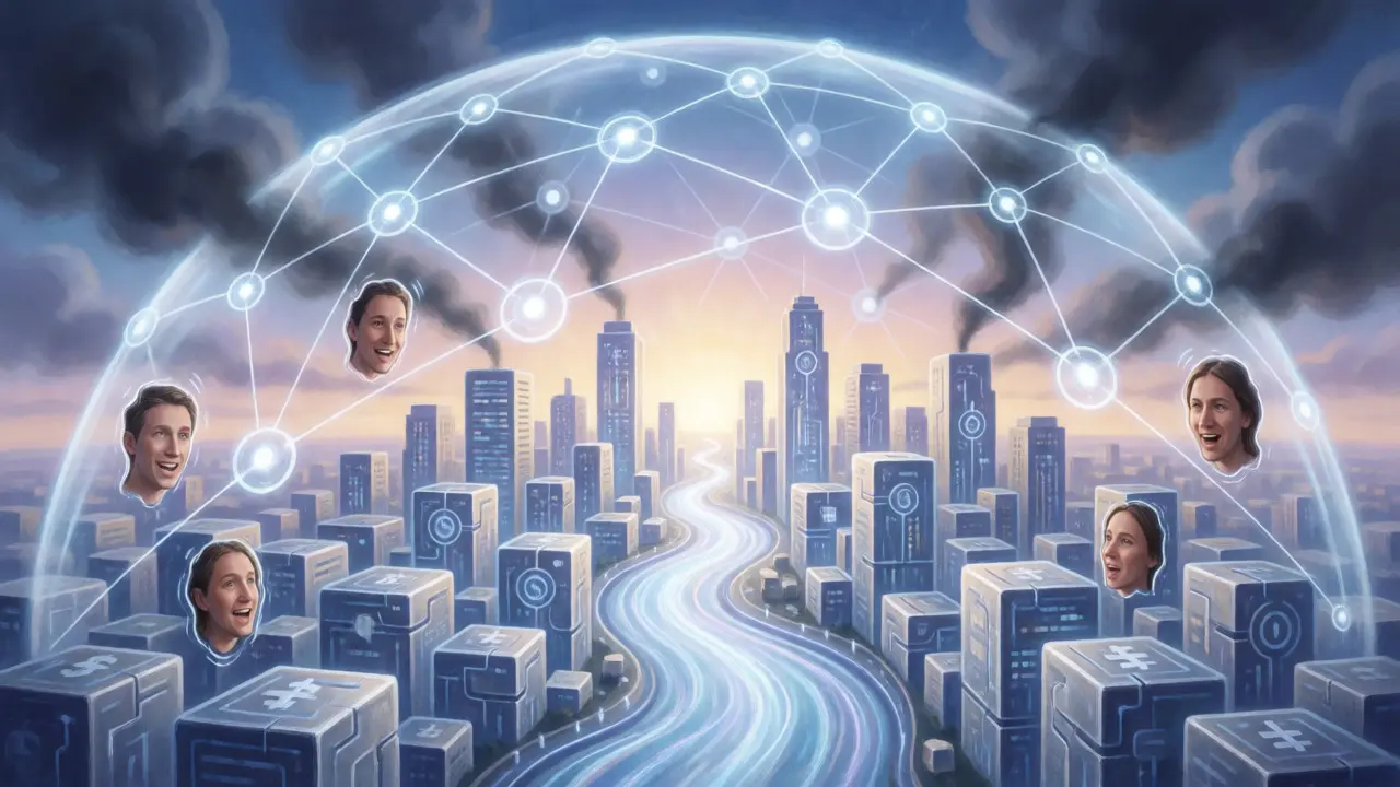 A protected digital city with a dome filtering out scam clouds and deepfake distortions.