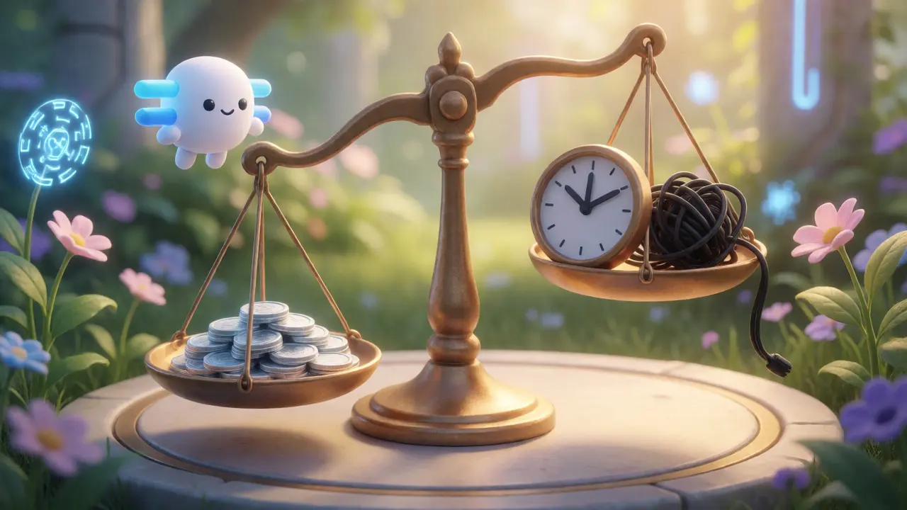 A scale balancing low gas fees against time spent troubleshooting in a digital garden.