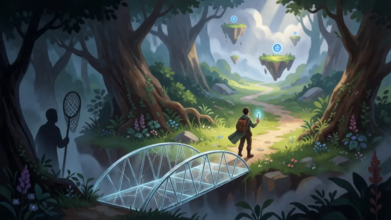 An adventurer with a wallet key navigating a magical forest path symbolizing decentralized finance risks.