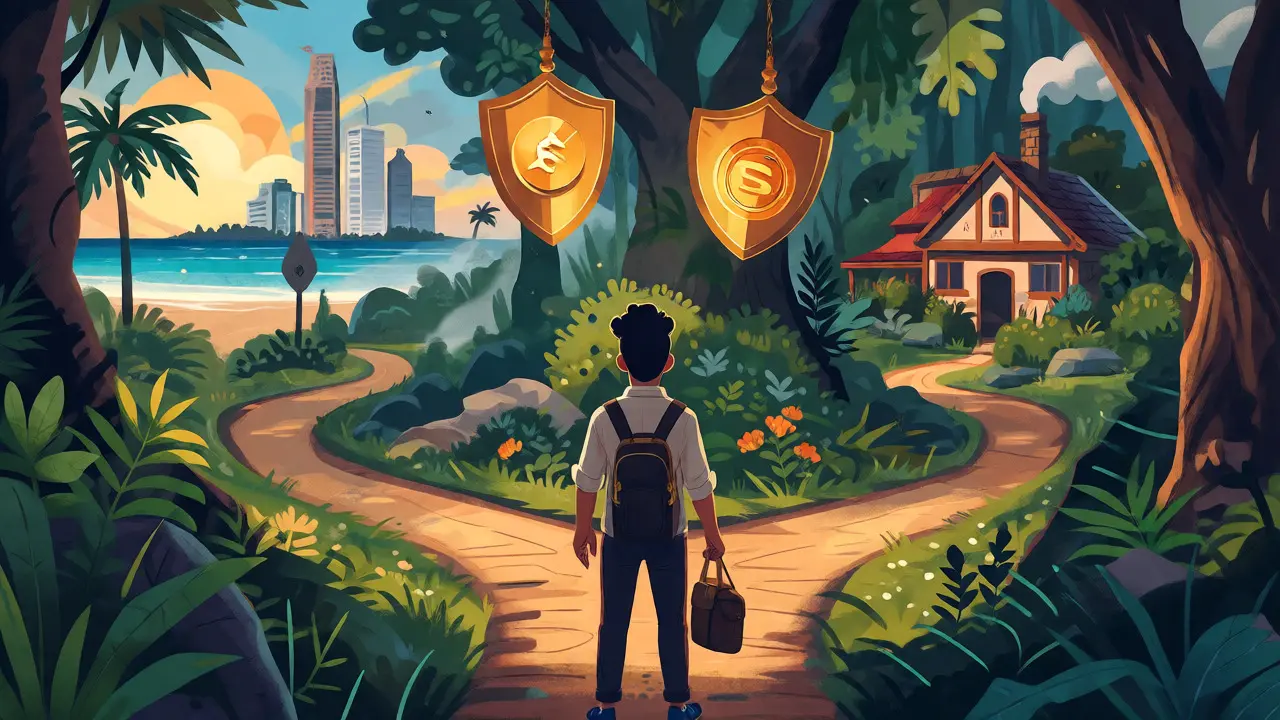 An entrepreneur at a magical crossroads selecting a crypto-friendly location.