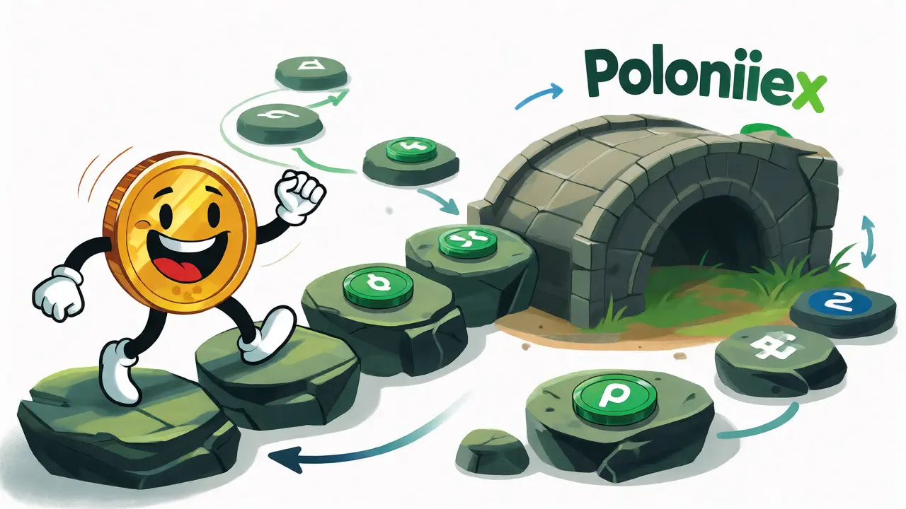 Animated stablecoin hopping between exchanges to reach Poloniex in illustration