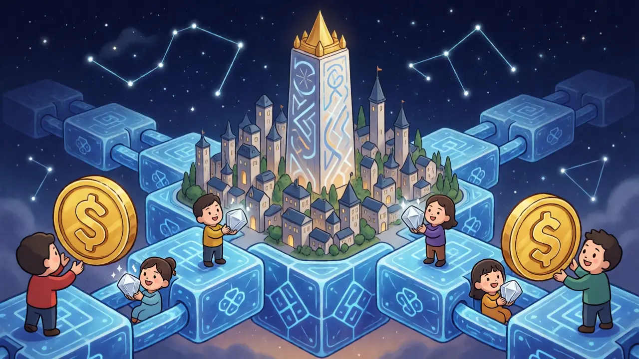 Cartoon characters exchanging tokens around a central blockchain tower