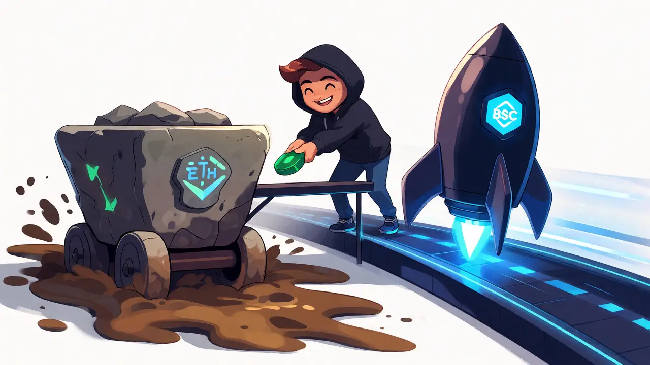 Cartoon comparison of slow Ethereum transport versus fast Binance Smart Chain rocket.