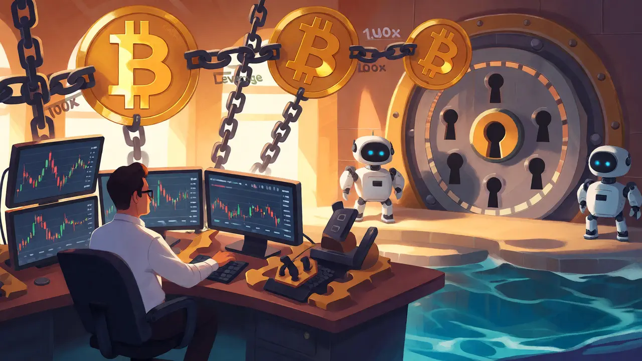 Cartoon depiction of a trader using high-leverage tools and secure multi-sig vaults.
