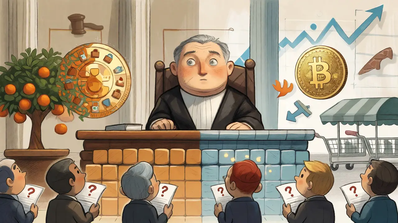 Cartoon judge comparing an orange grove security test against floating commodity coins in a storybook style.