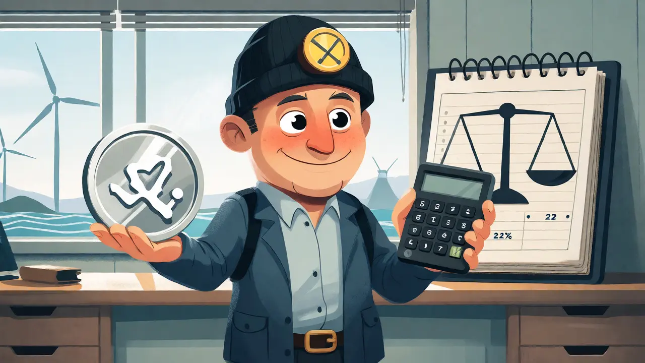 Cartoon miner balancing coins and tax calculations in Oslo