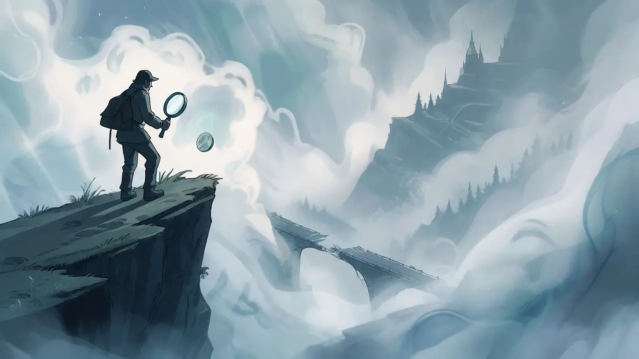 Cautious explorer facing a misty, uncertain path