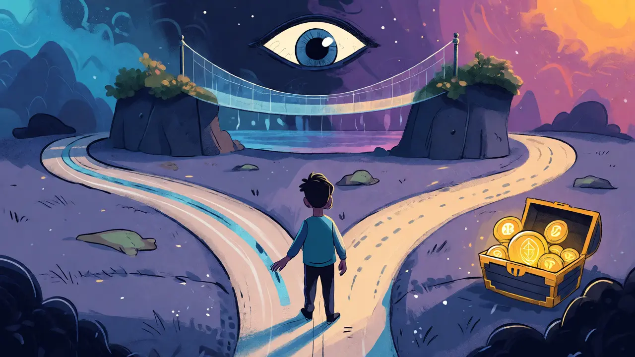 Character at a crossroads between a fast path and a treasure-filled slow path.