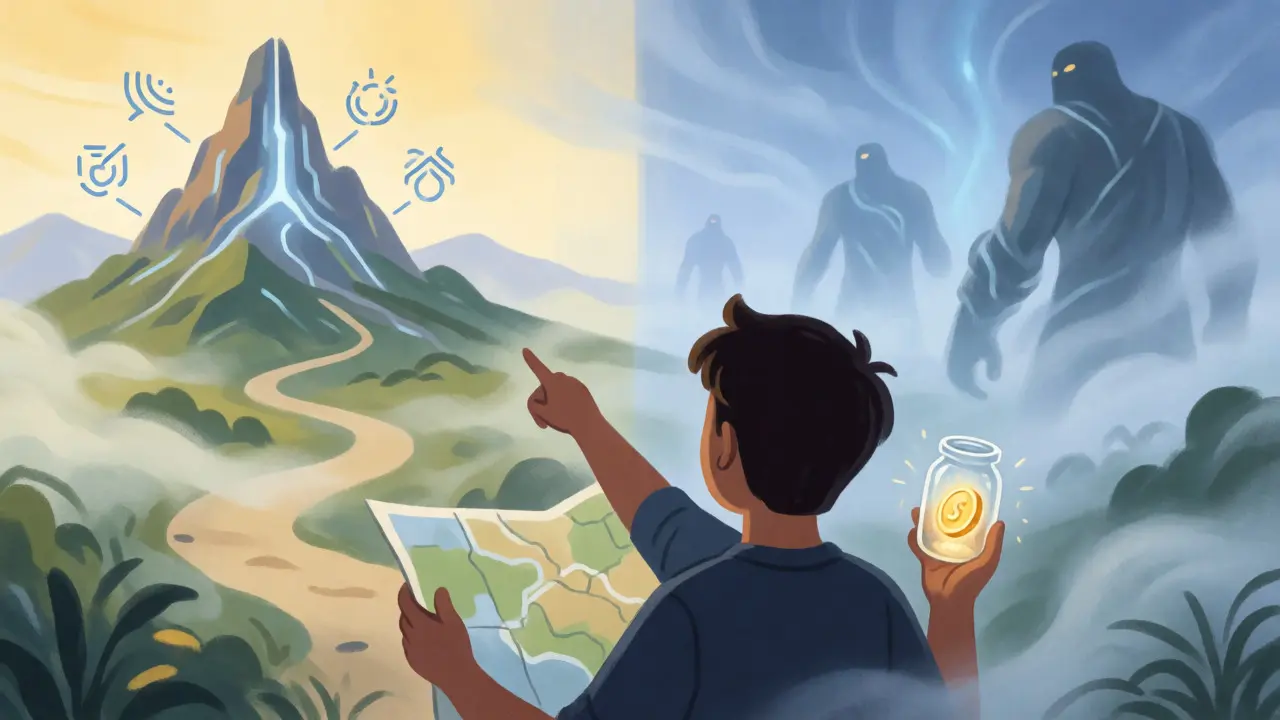 Character looking at a map towards a distant blockchain mountain