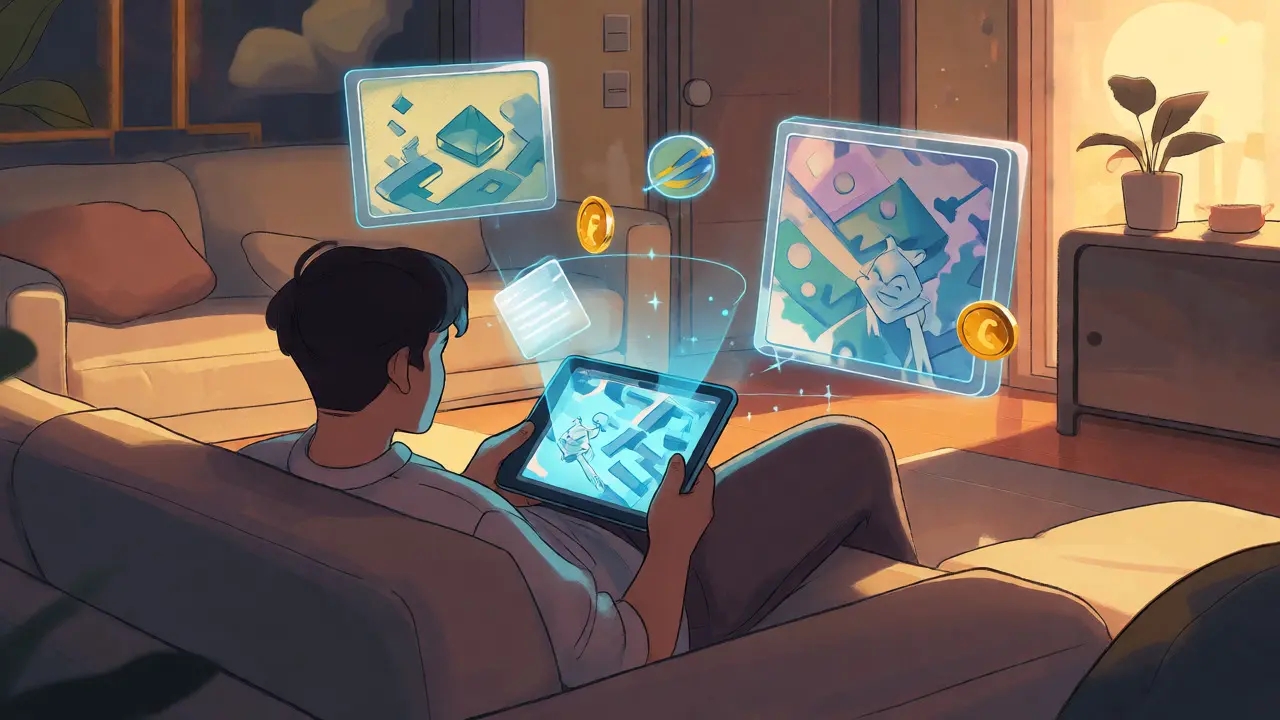 Character relaxing on a sofa with holographic gaming and NFT projections from a tablet.