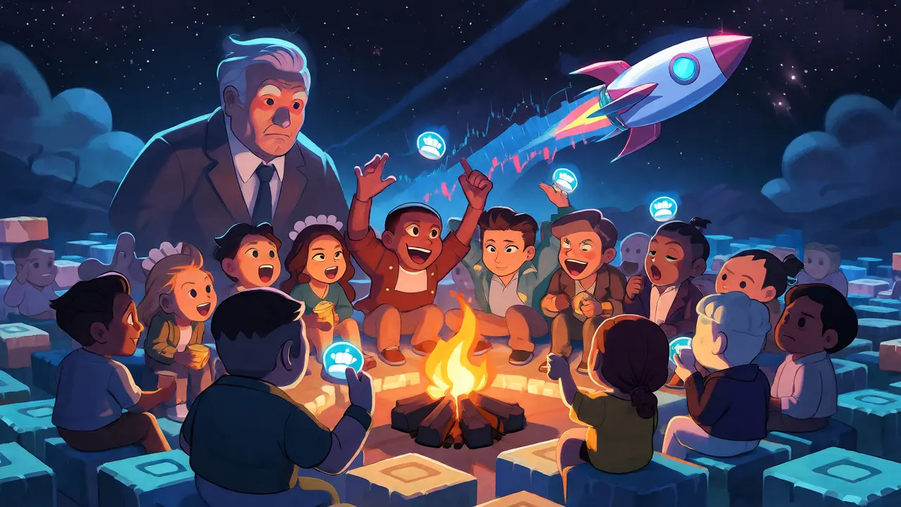 Community gathering around a fire trading tokens under a starry sky