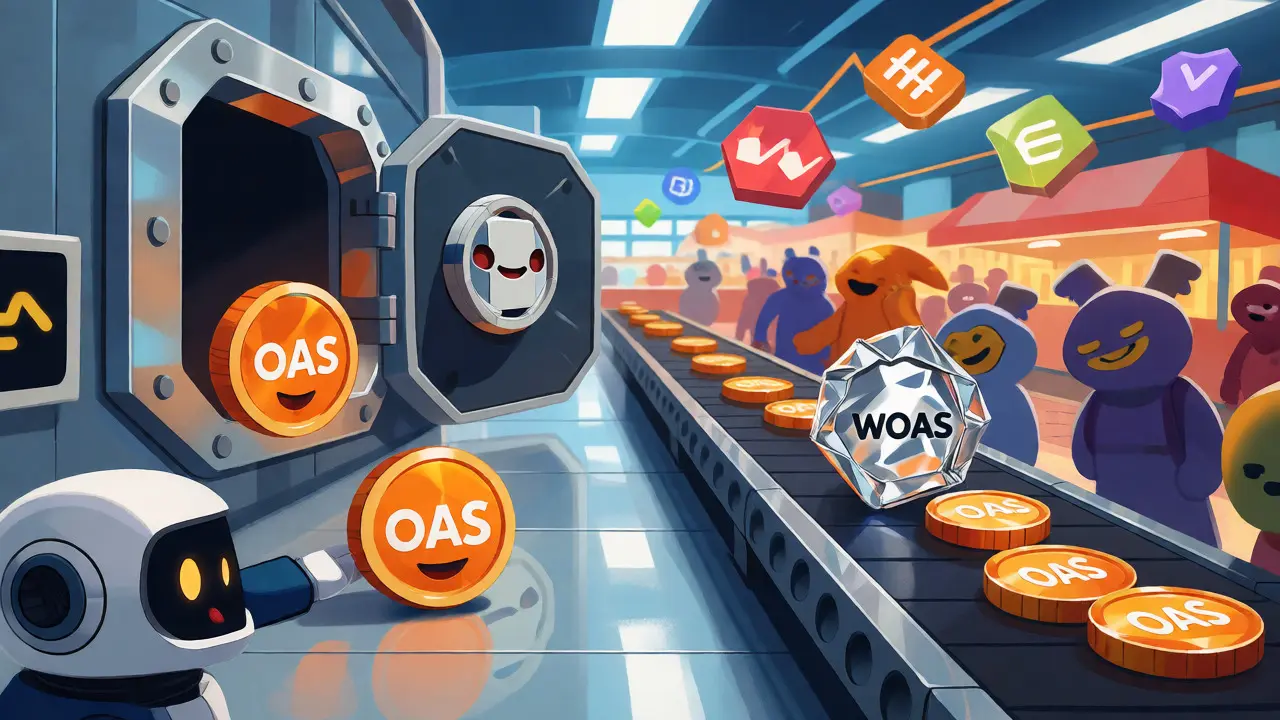 Crypto mascots exchanging tokens at a whimsical digital airport terminal.