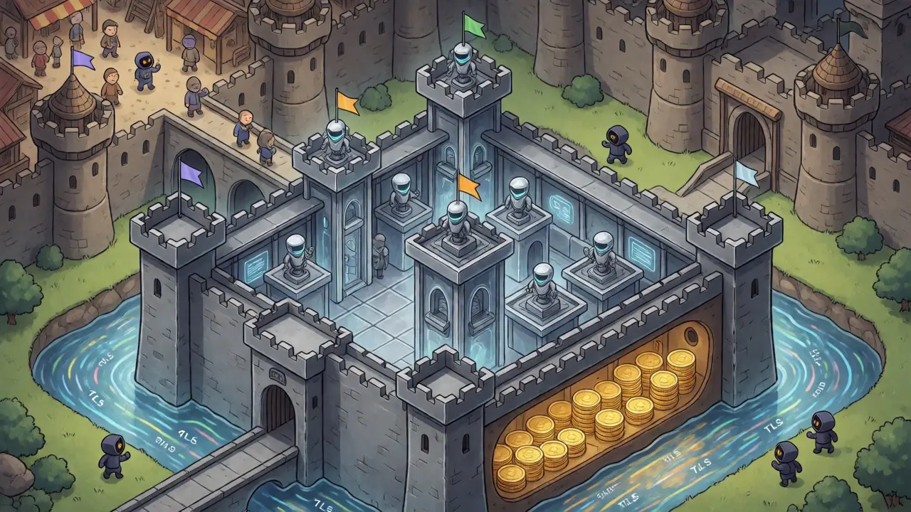 Crystal fortress diagram showing layered crypto security features like cold storage.