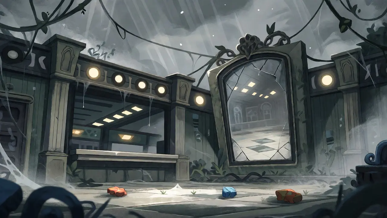 Desolate digital marketplace symbolizing SHINJA's decline