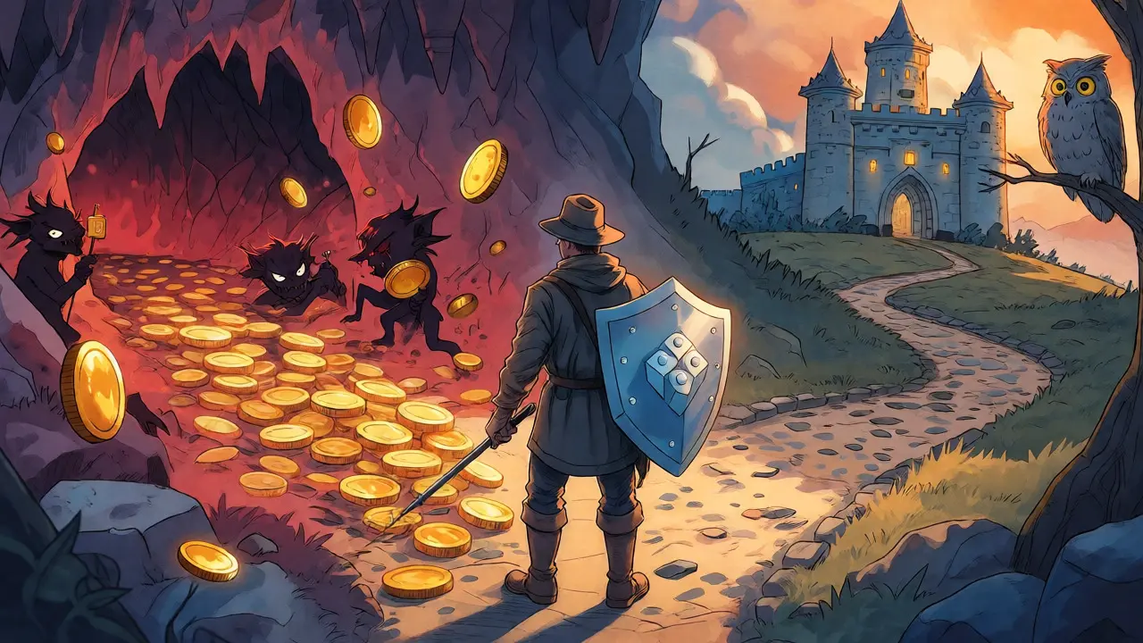 Explorer choosing between a risky scam path and a safe verified path in a fantasy setting.