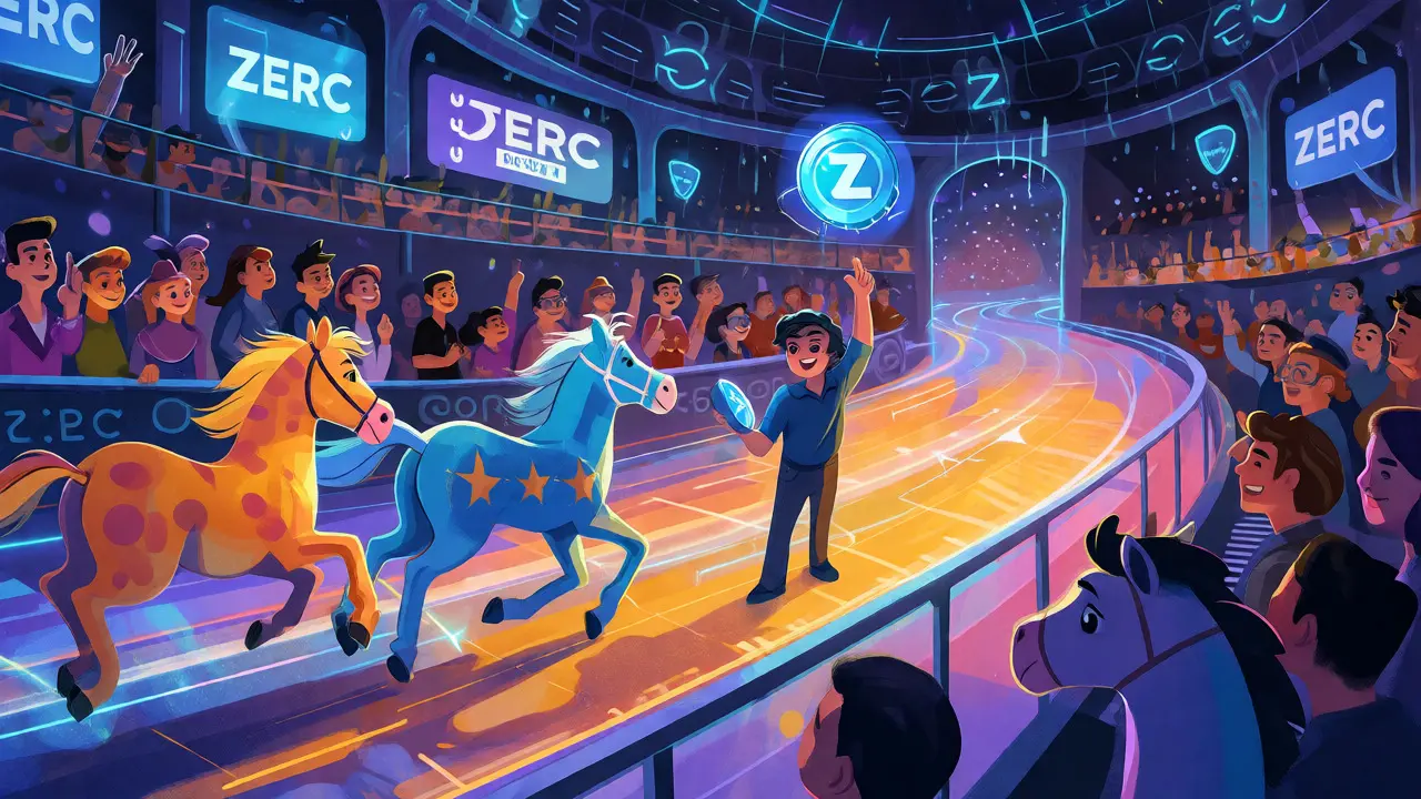 Fantastical hippodrome with cartoon horses racing and players using ZERC tokens
