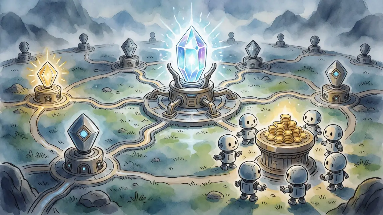Fantasy depiction of blockchain nodes and staking mechanisms with a central crystal core.