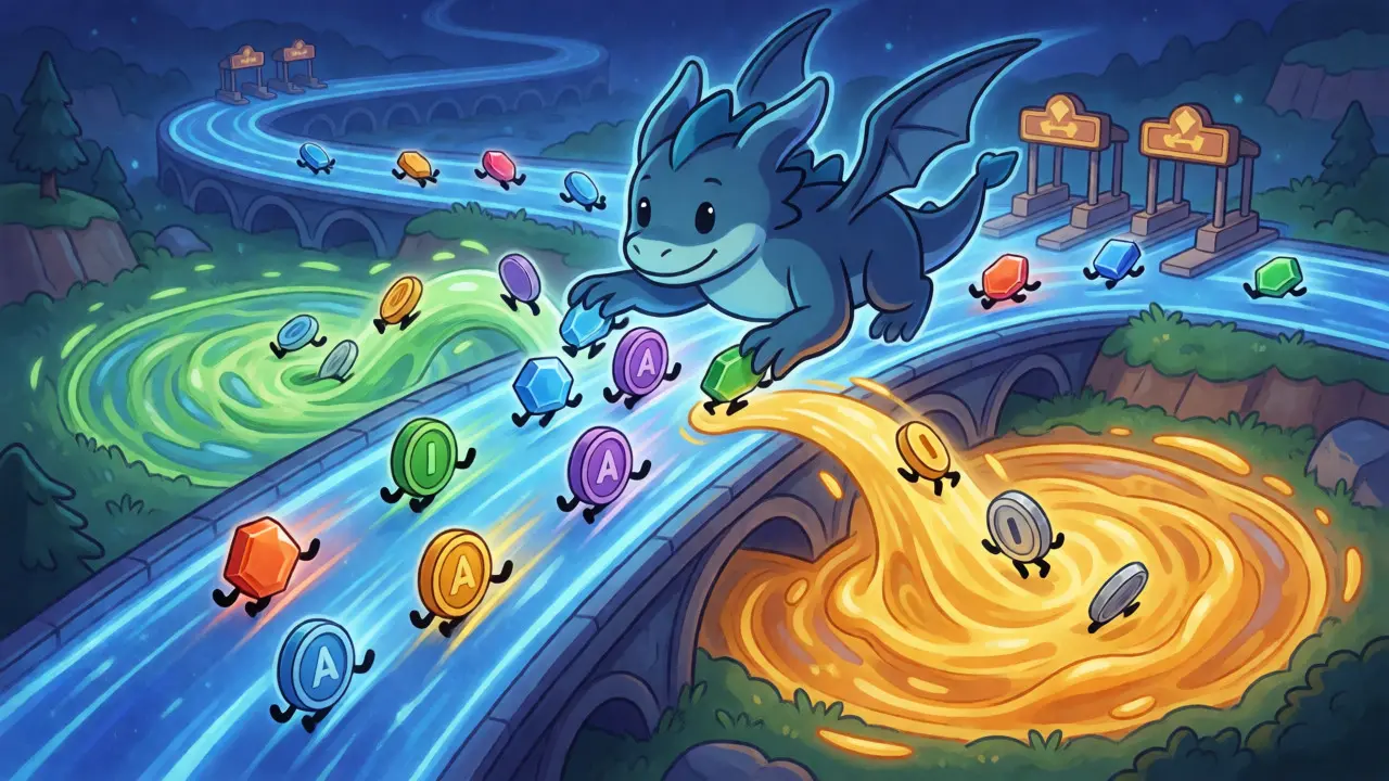 Fantasy illustration of tokens flowing rapidly along a glowing blue highway representing the Avalanche network.