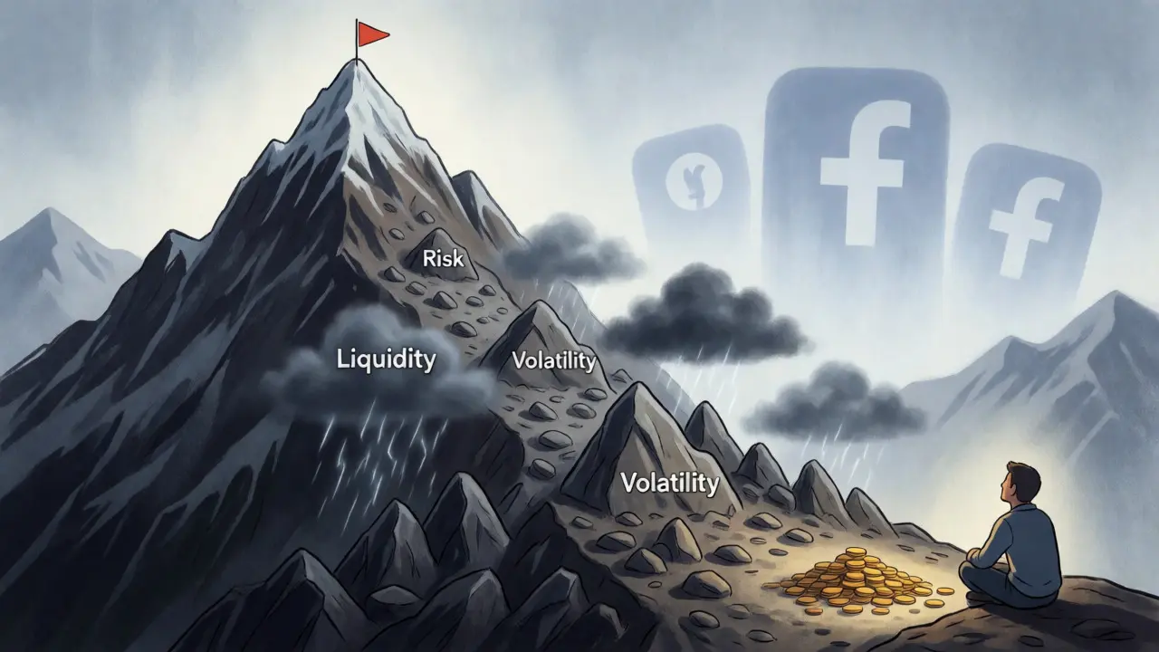 Figure observing a steep mountain representing extreme token price volatility and risk.