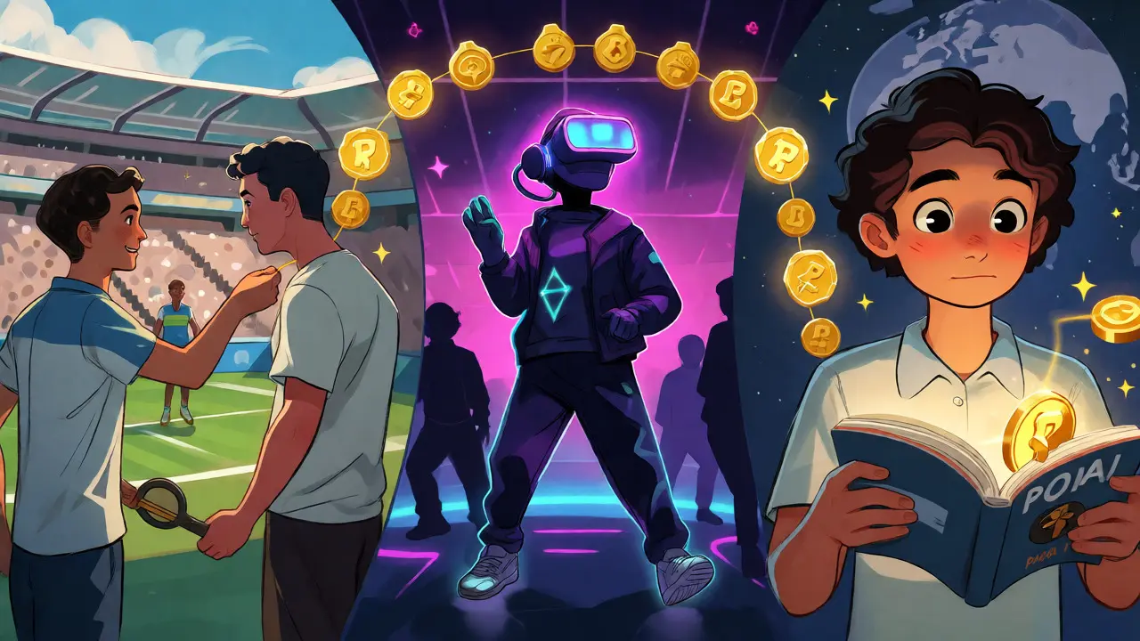Illustration of a connected world where digital badges link sports, metaverse, and media events.