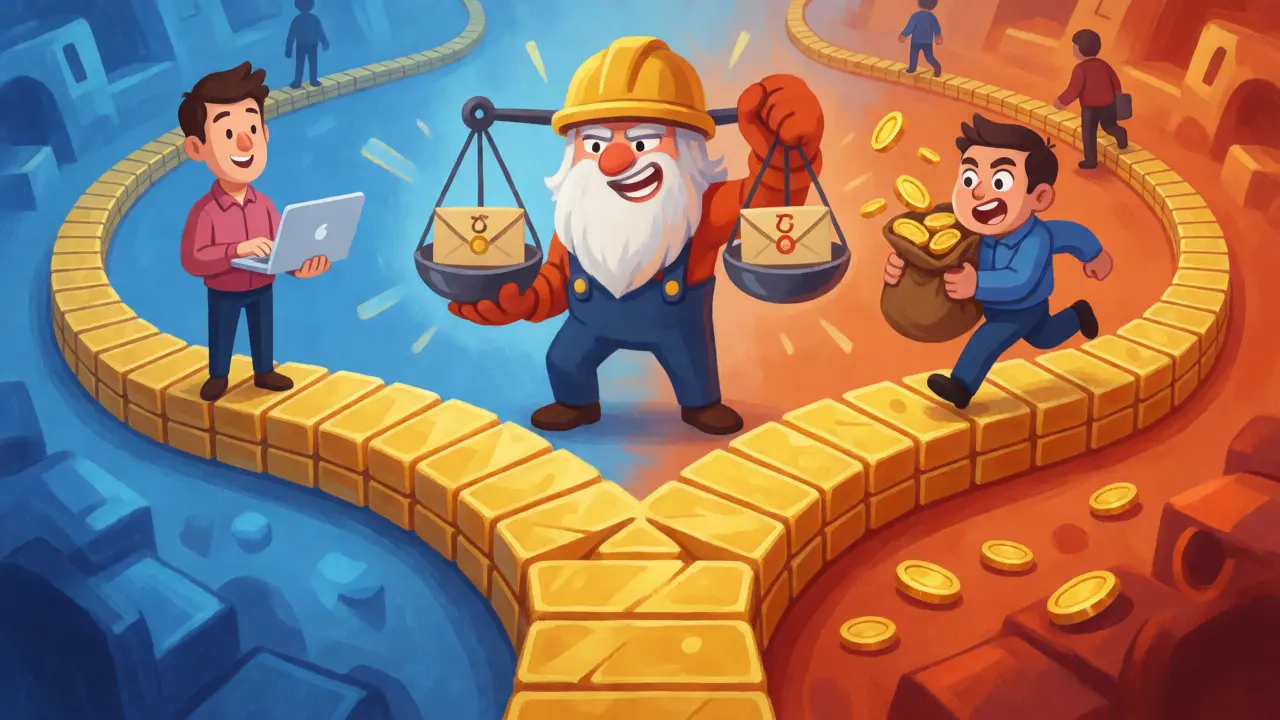 Illustration of a double-spend attack where a miner weighs two conflicting transaction paths.