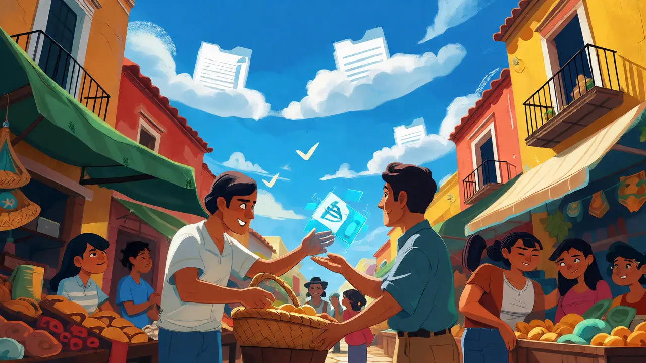 Marketplace scene depicting crypto payments and record-keeping in Mexico