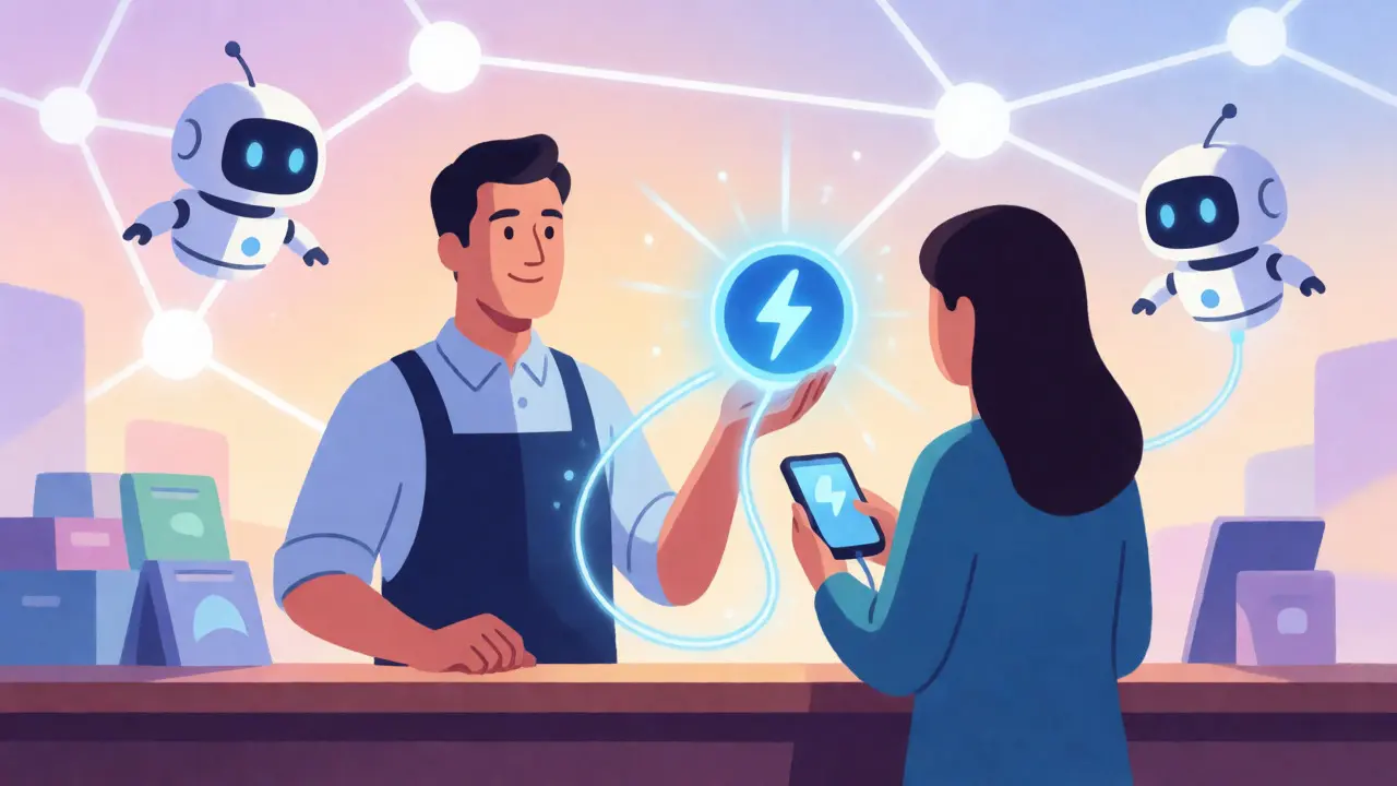 Merchant using Lightning Network technology for fast, secure crypto payments in a storybook style.