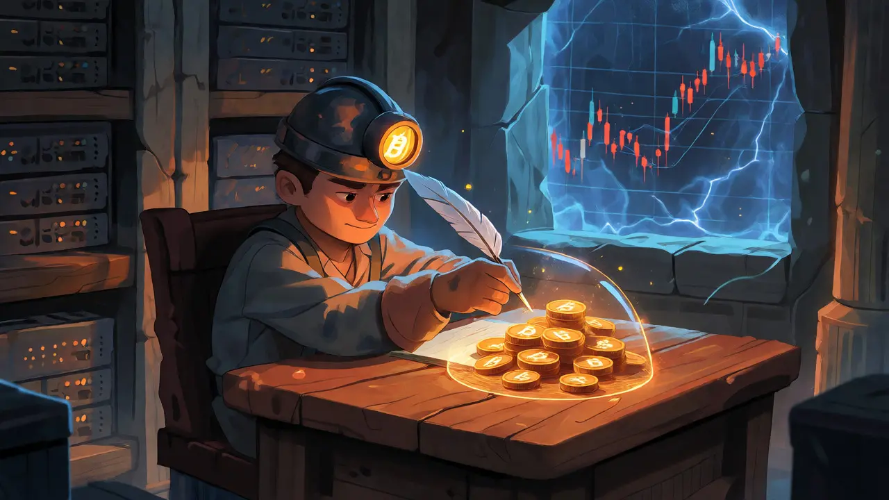Miner using a magical shield to hedge against market storms