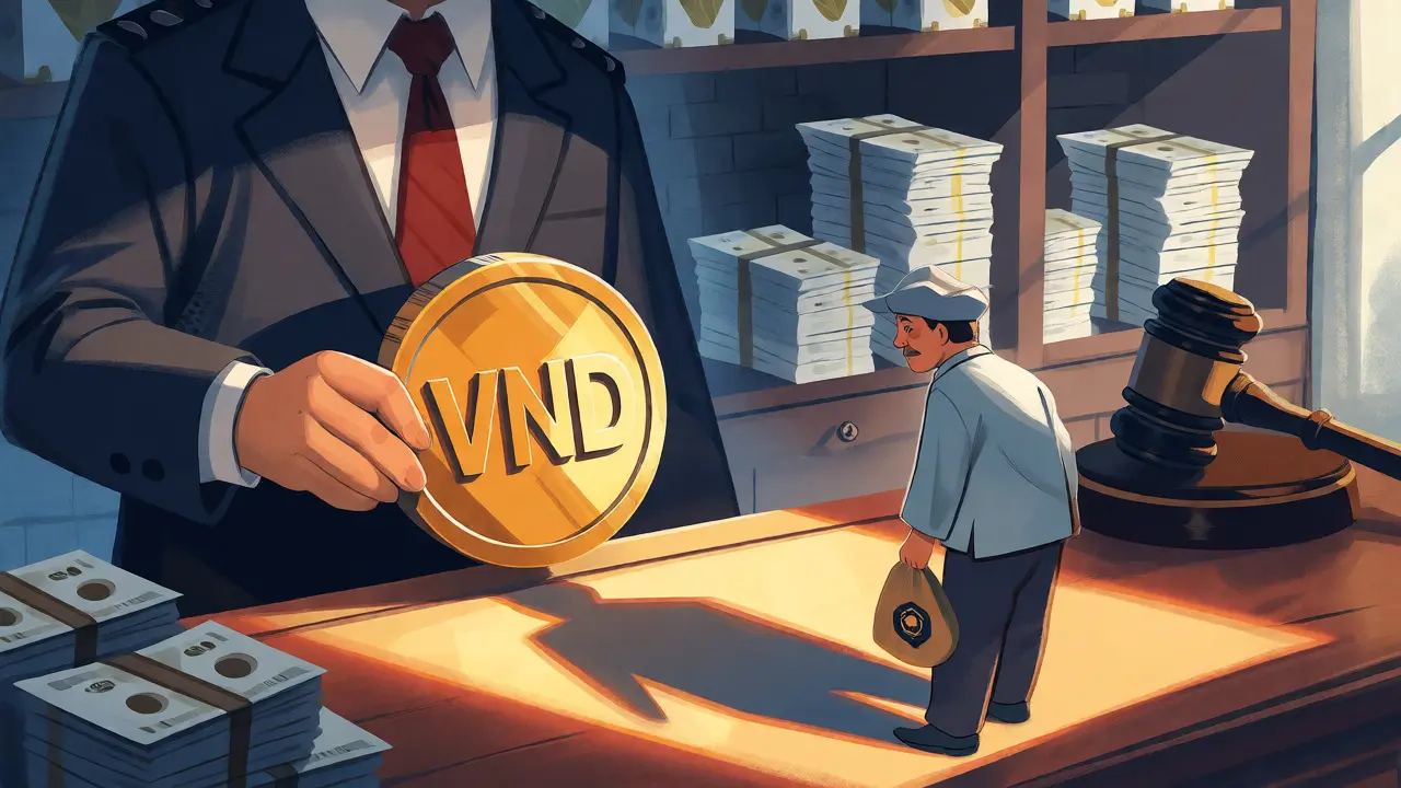 Official holding a large VND coin facing a worried shopkeeper