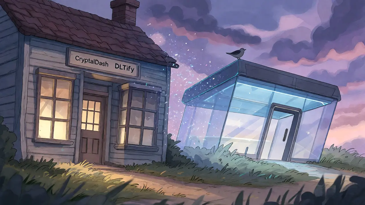 Old shop transforming into a modern tech building during twilight.