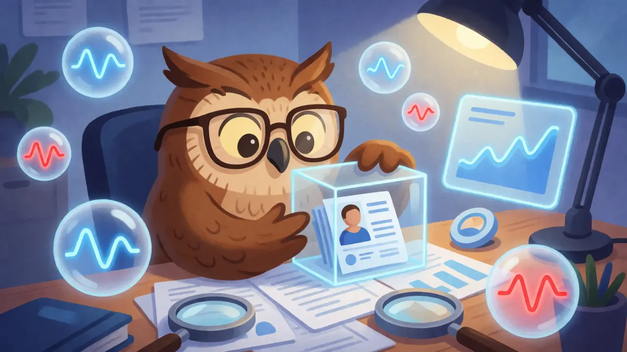 Owl auditor examining user identities and flagging suspicious transaction patterns.