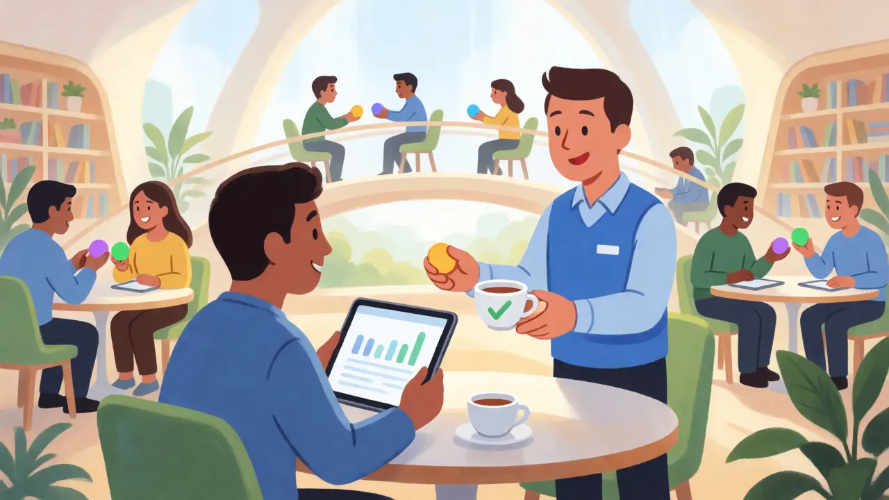 Relieved trader receiving help from a guide in a bright, easy-to-use exchange setting.